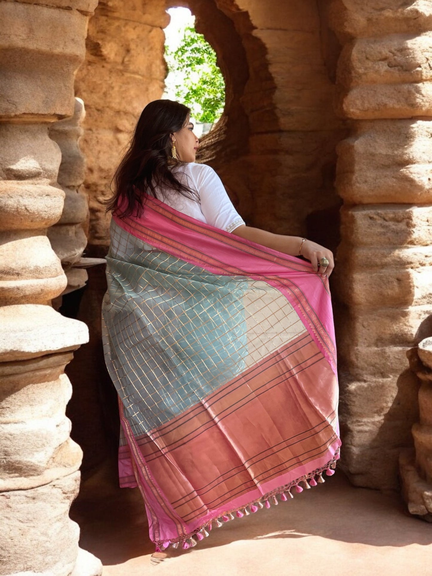 Powder Blue & Pink Checks Iktara Kora Elegance