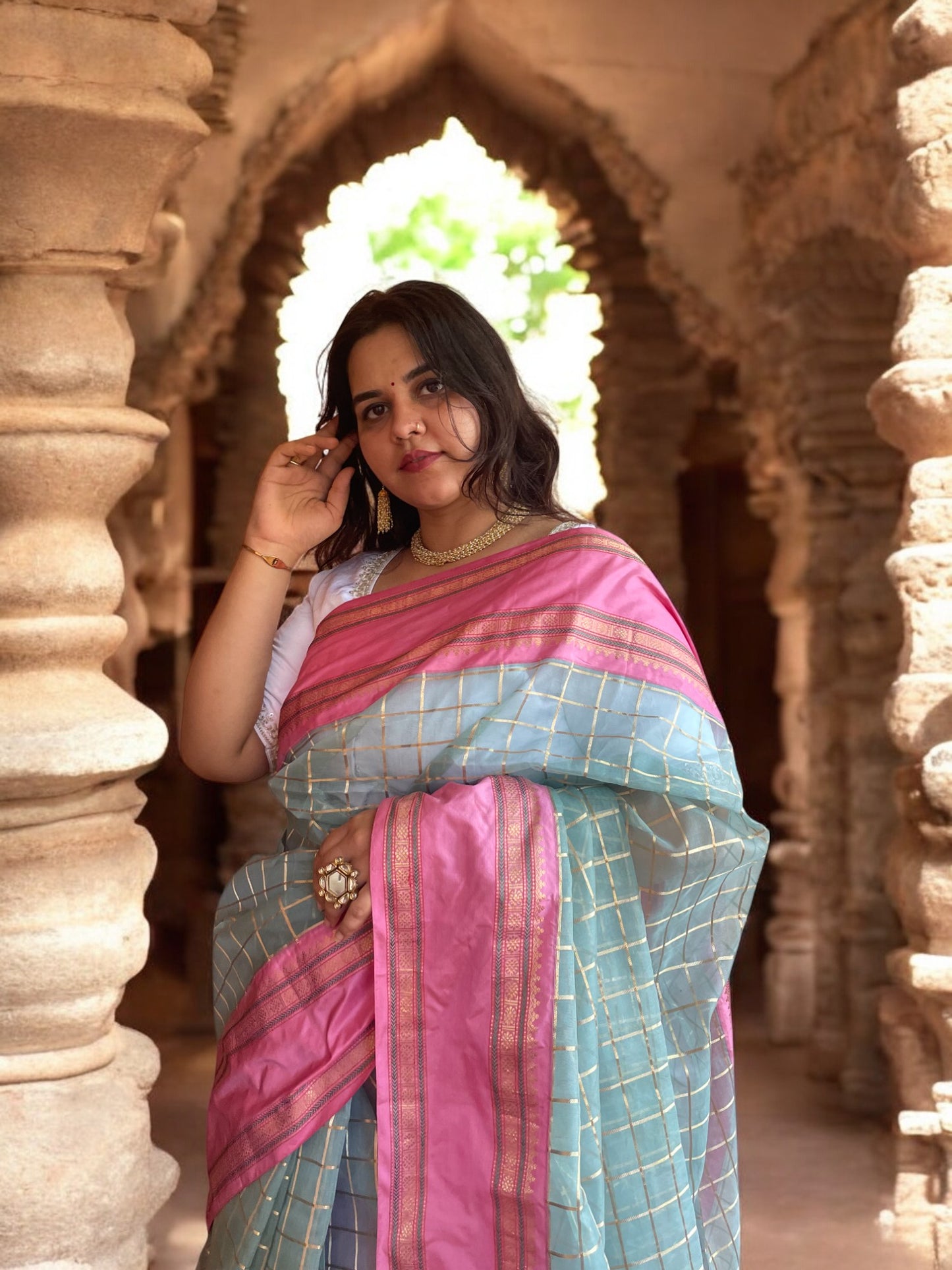 Powder Blue & Pink Checks Iktara Kora Elegance