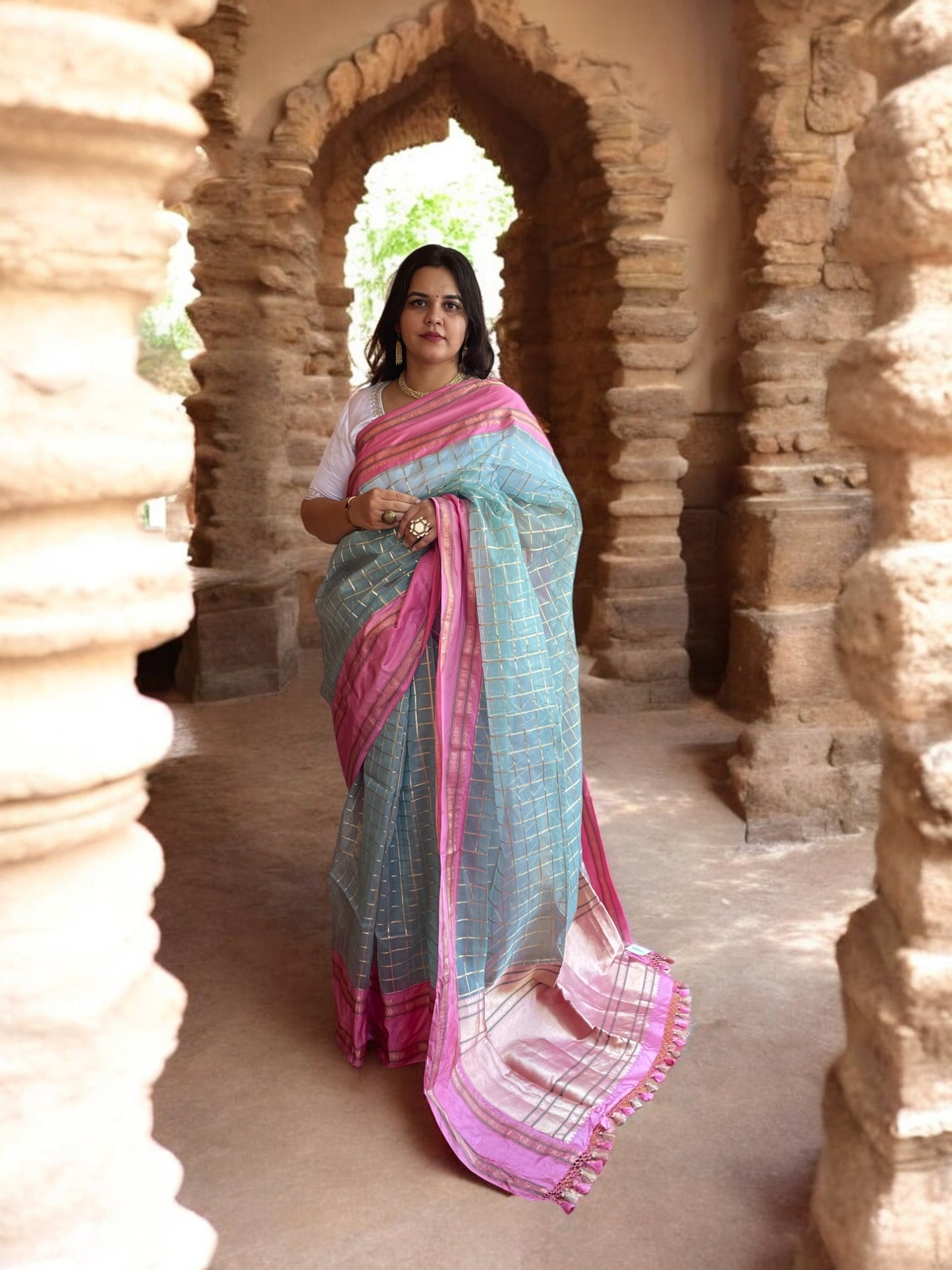 Powder Blue & Pink Checks Iktara Kora Elegance