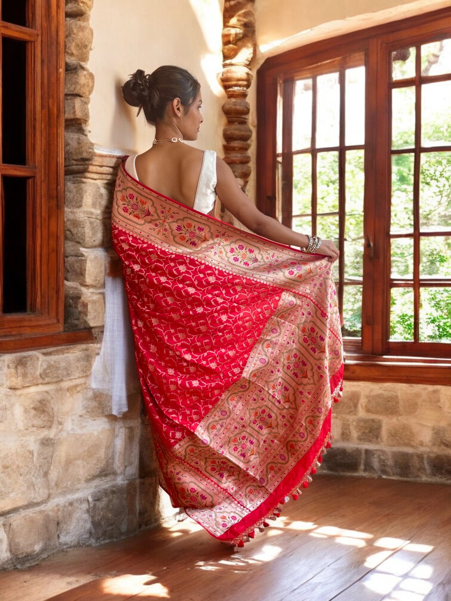 Sindoori Jangla haal Panch Meena Elegance