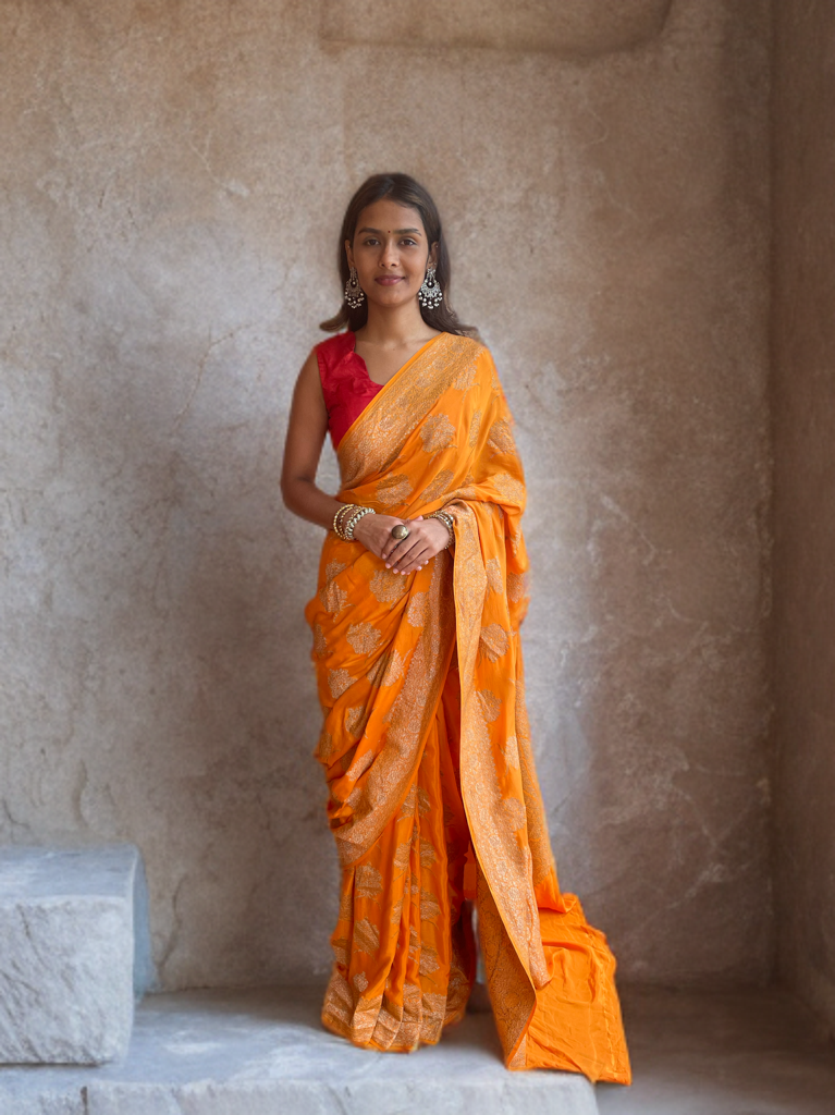 Antique Zari Orange Crepe