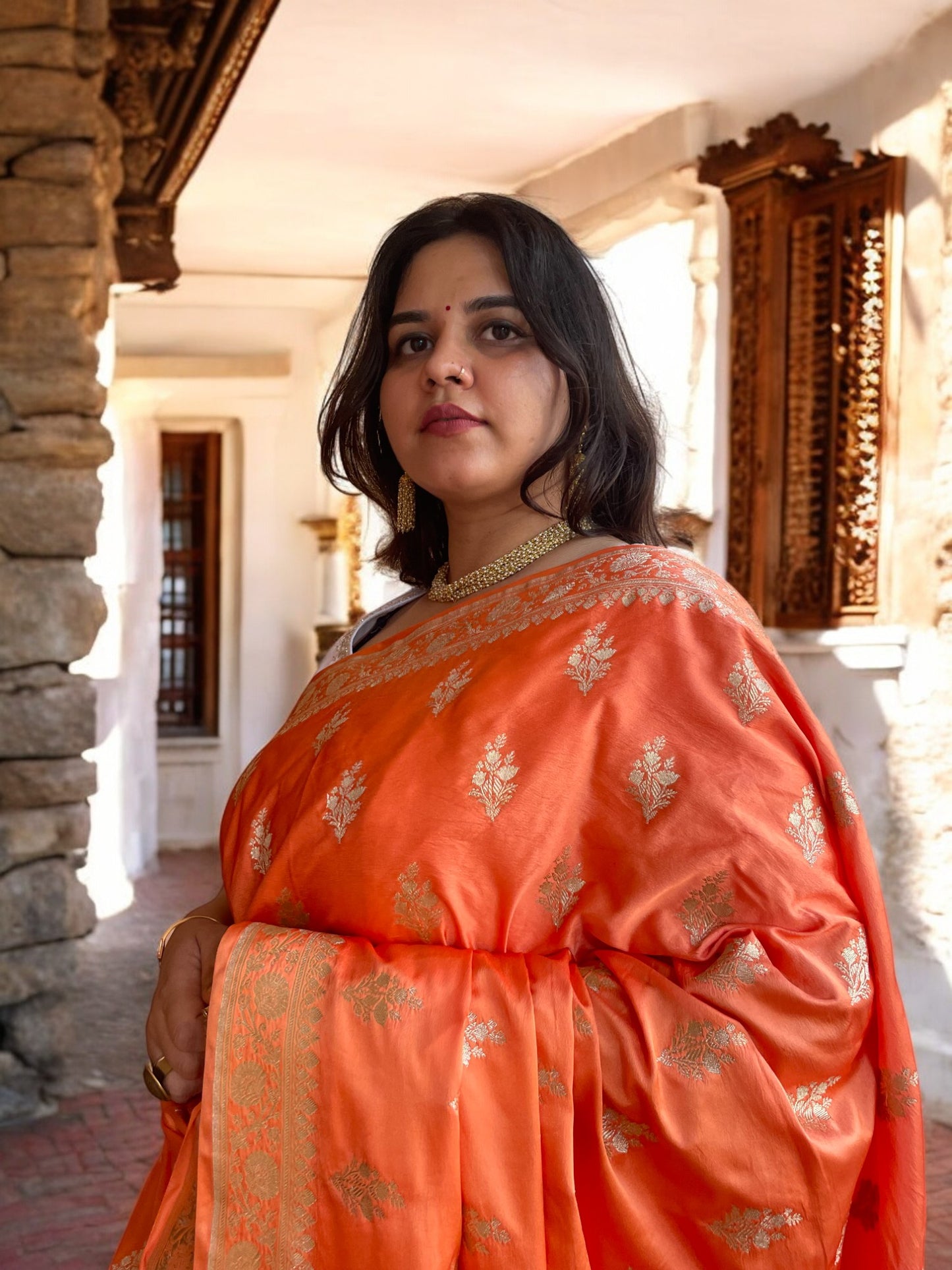 Vibrant Orange Kalgi Mughal Floral Poise