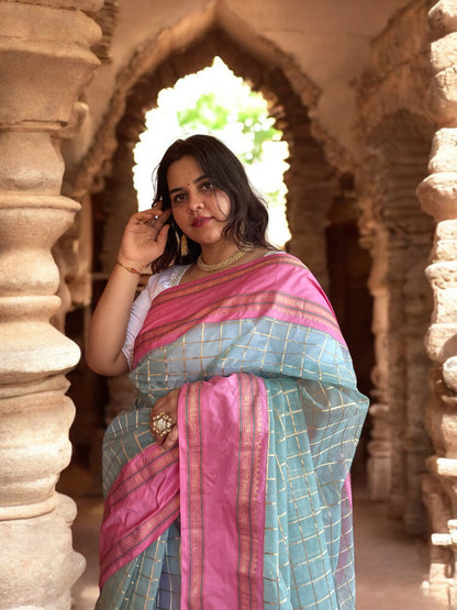 Powder Blue & Pink Checks Iktara Kora Elegance