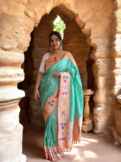 Sea Green Floral Kadhuwa Beauty With Powder Peach Meenakari